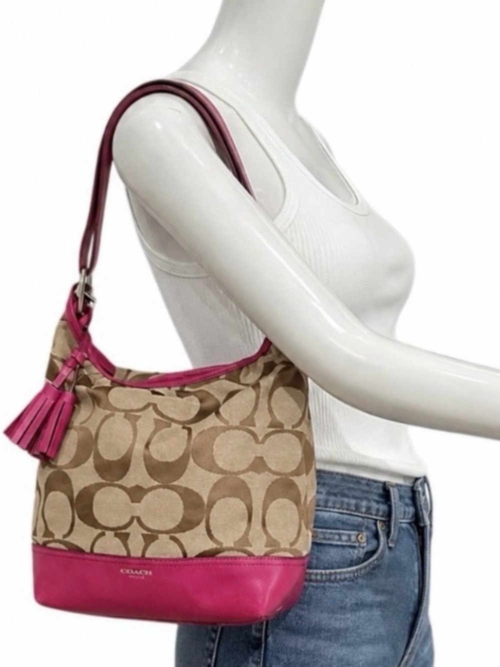 Coach Signature Legacy Y2K Tan Canvas Pink Leather Trim Tassel Crossbody Bag
